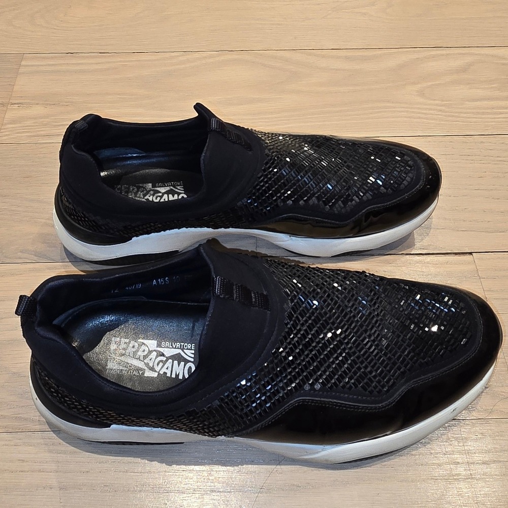 Salvatore Ferragamo Mens Black Crystal Patent Slip‎ On Sneakers TZ 40719 Size 10